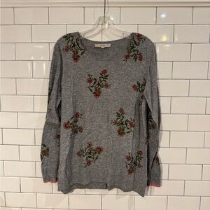 LOFT Gray Floral Embroidered Long Sleeve Top